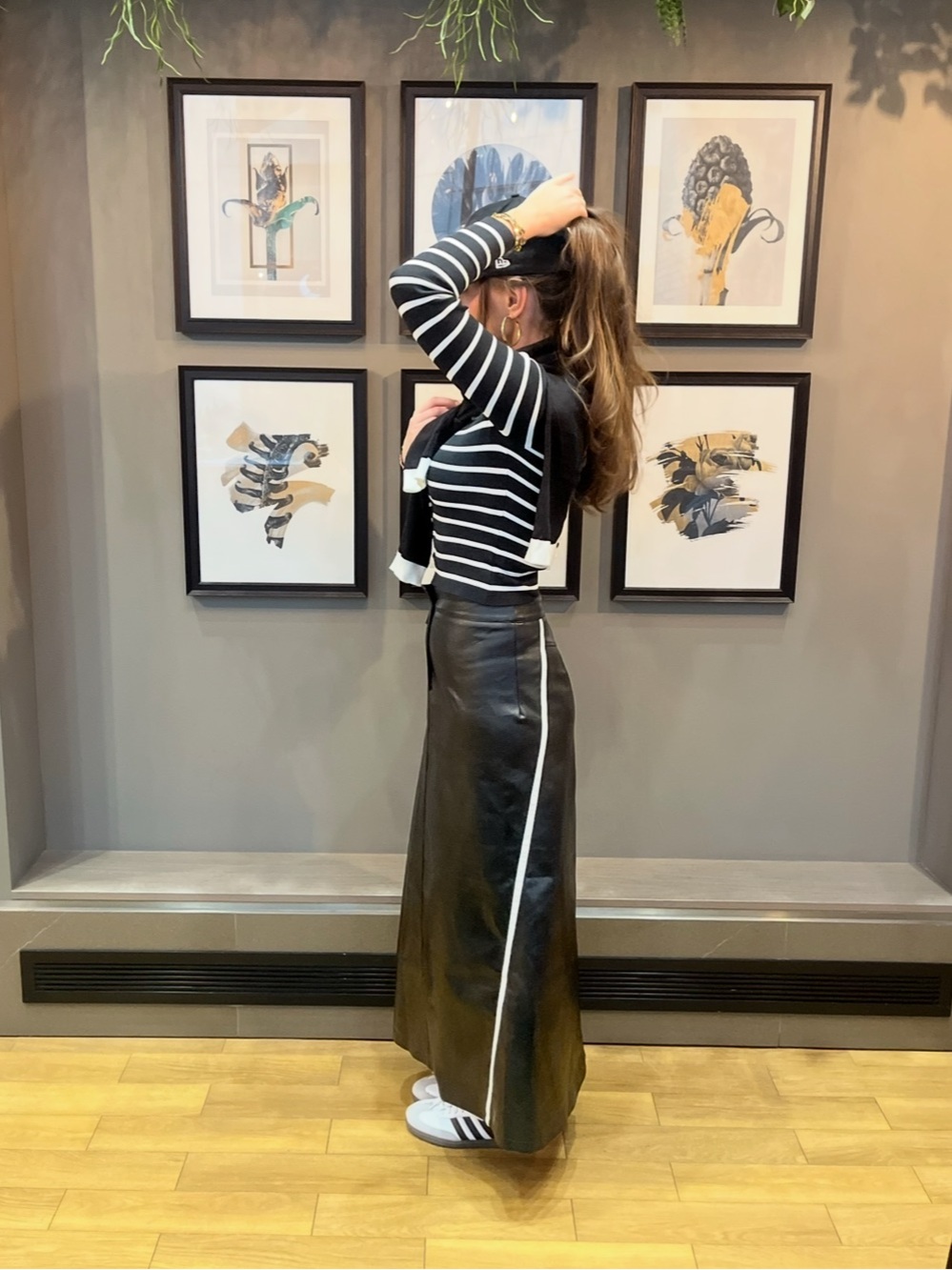 Black Long Faux-Leather Skirt with Side Stripe